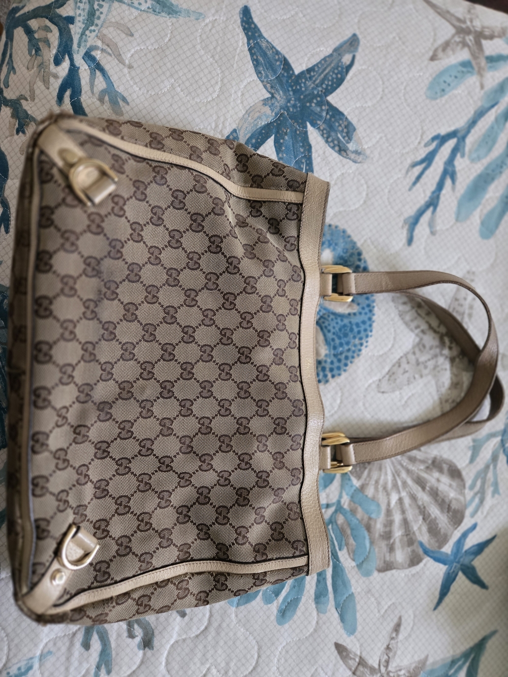 Gucci Beige Monogram Double Handle Tote Bag